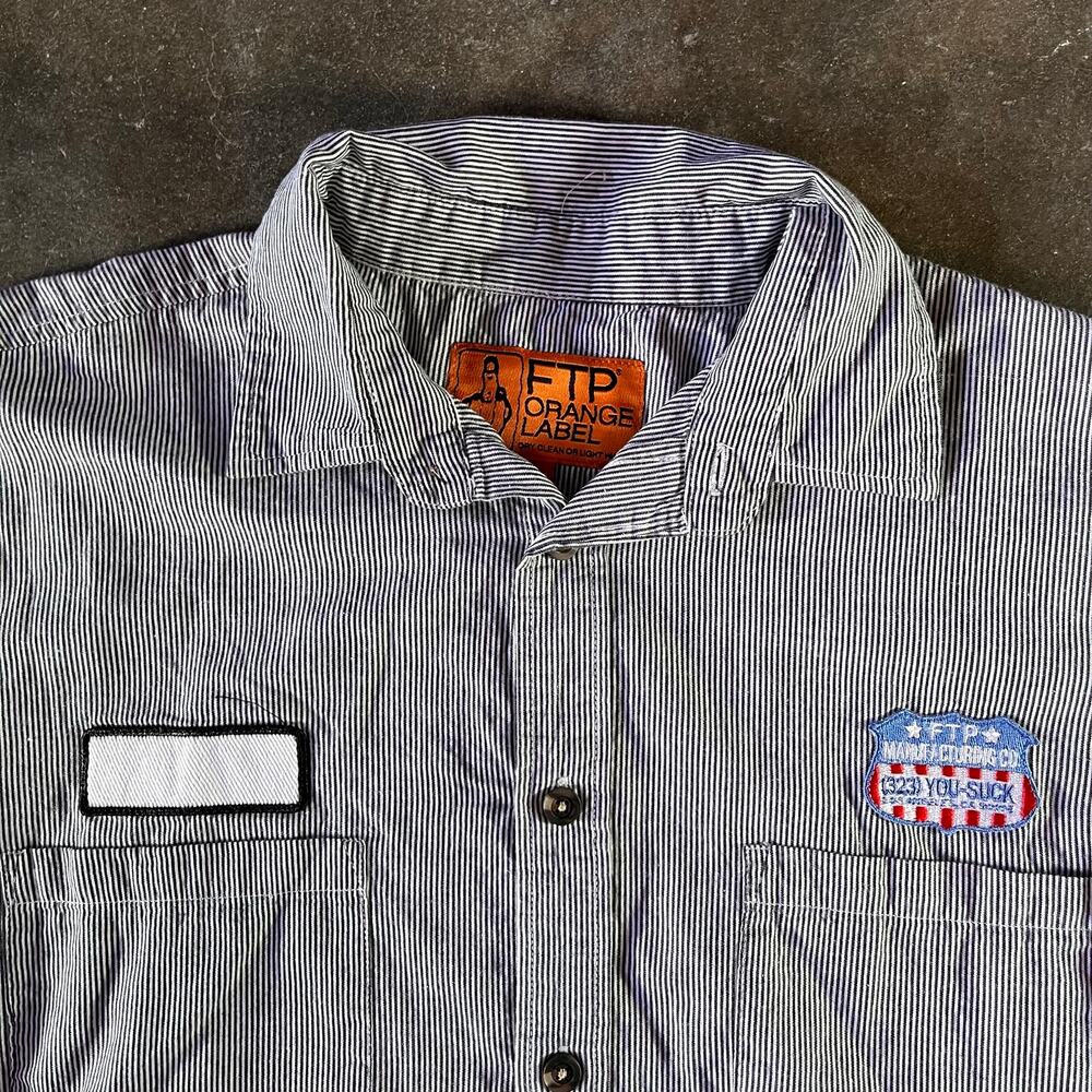 Rare FTP pin striped railroad workwear designer men’s button up shirt size M